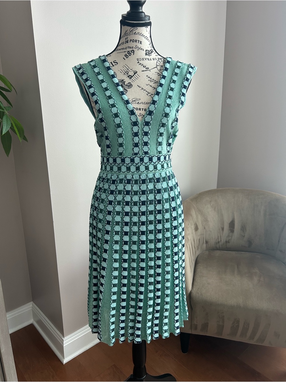 M Missoni Turquoise Navy Geometric Knit V-Neck Midi Dress Size S / Approx. US 4